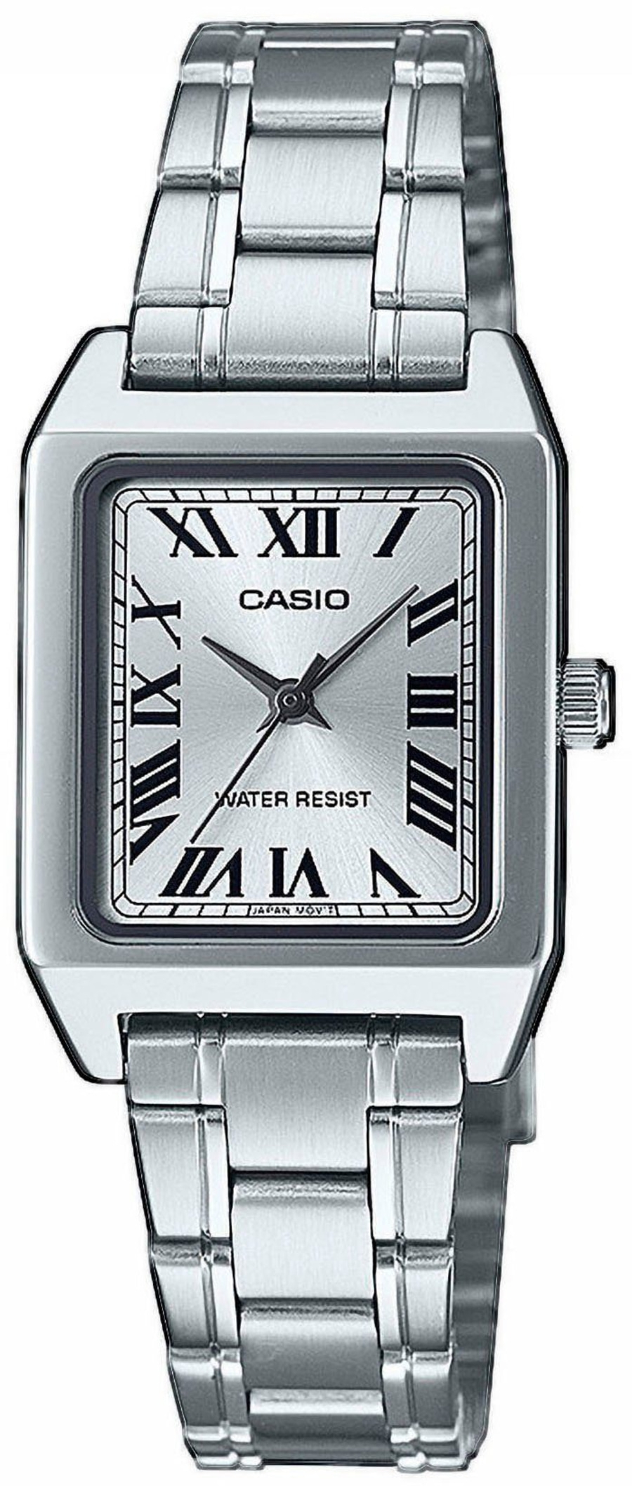 Silberne Casio-Uhr mit römischen Ziffern und rechteckigem Zifferblatt, Metallarmband