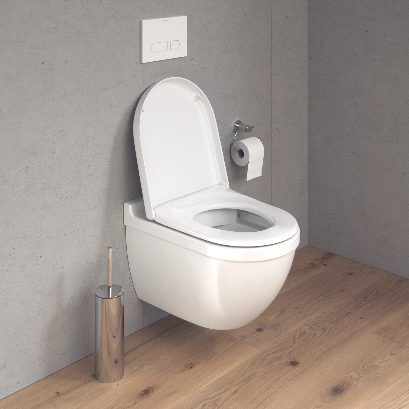 Hängendes WC mit Toilettenpapierhalter und Toilettenbürste auf Holzboden.