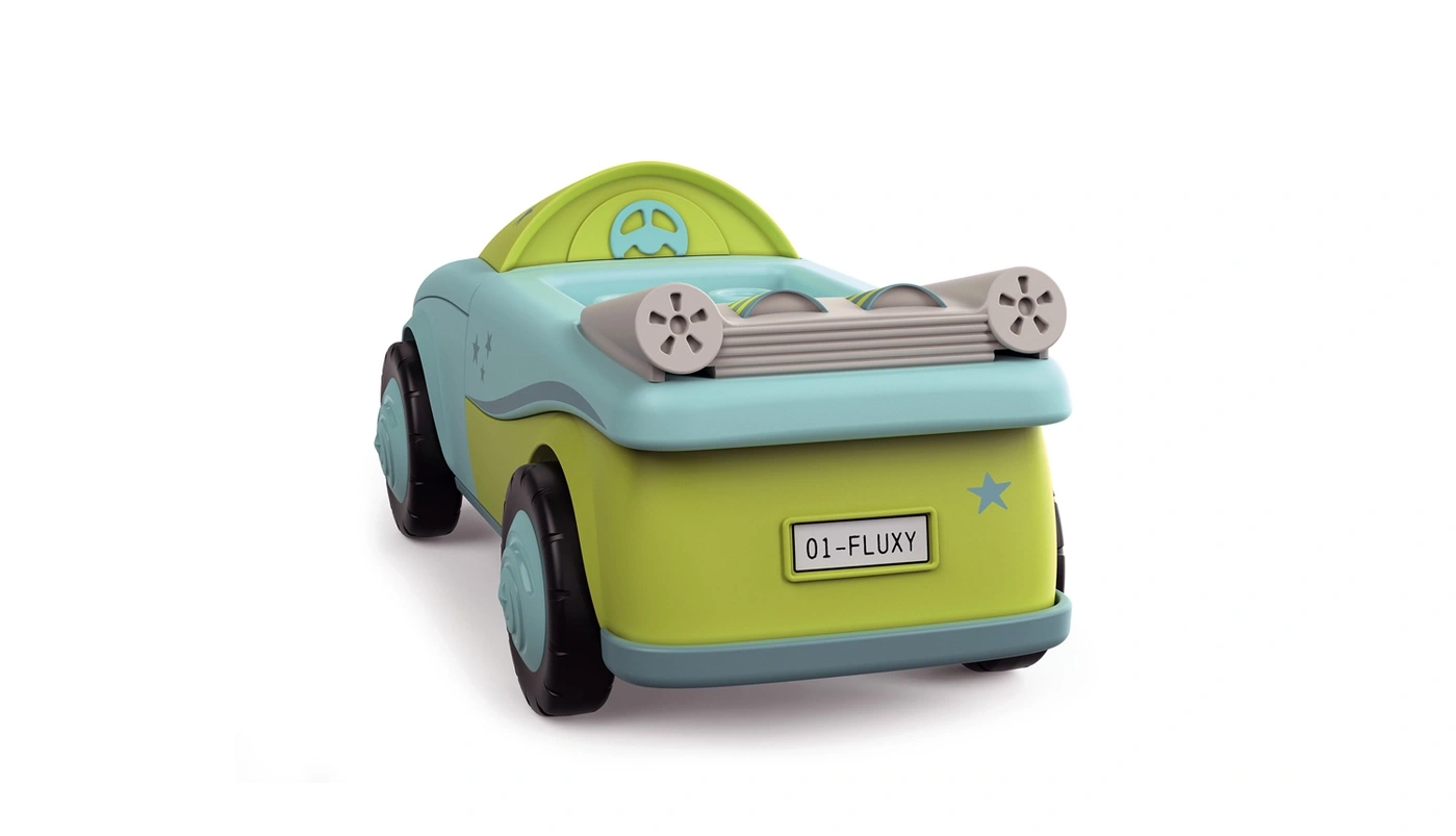 Ein hellgrüner und hellblauer Spielzeugwagen mit Sternen und einem Nummernschild.