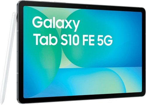 Samsung Galaxy Tab S10 FE 5G Tablet mit Stift, blauem Bildschirm und weißem Stift