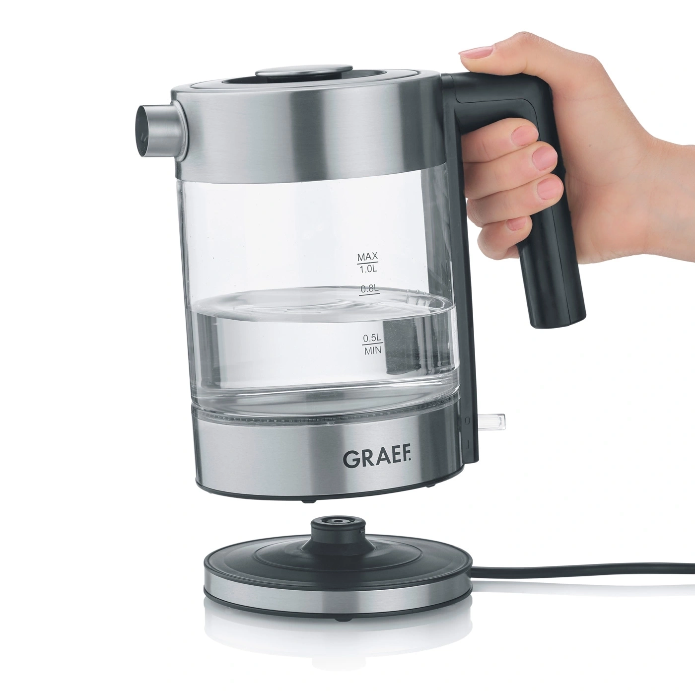 GRAEF Wasserkocher aus Glas + Edelstahl WK300 Glaswasserkocher 1 Liter 2000 Watt