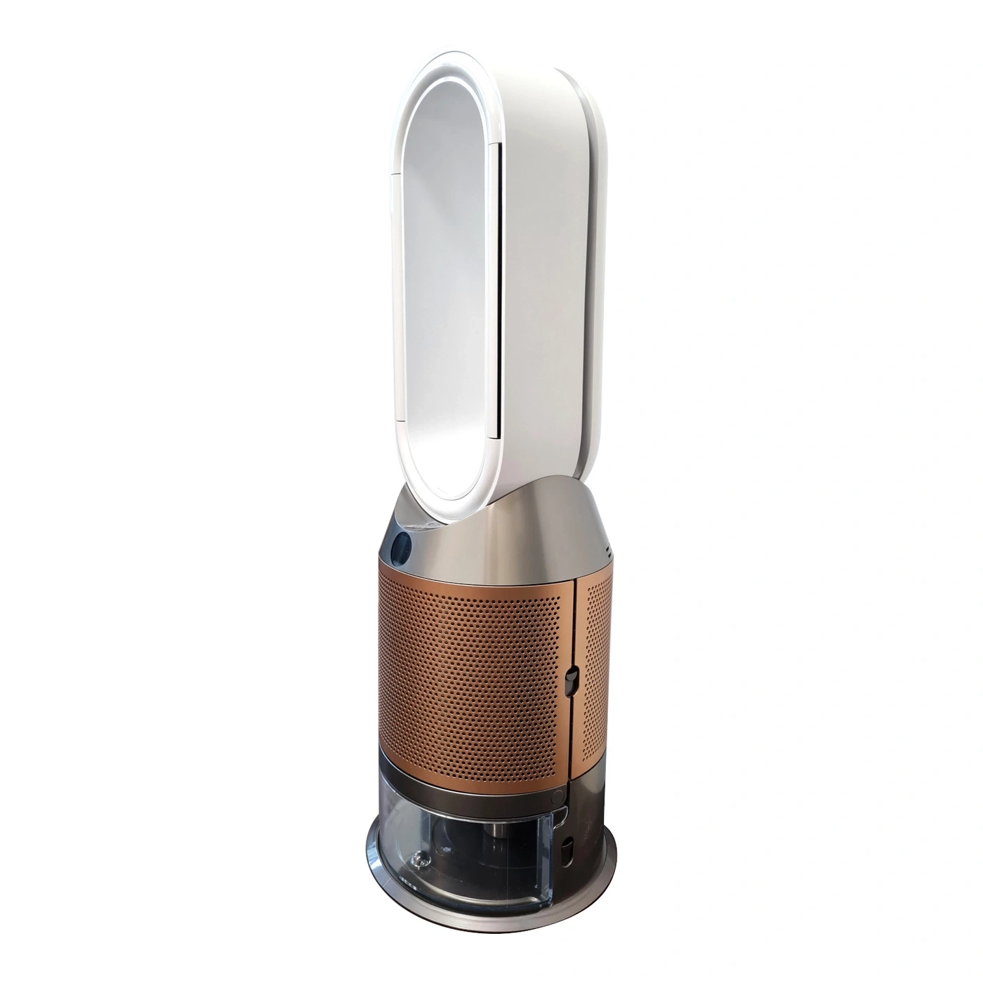 Ein moderner Dyson Luftreiniger in weiß und kupferfarben.