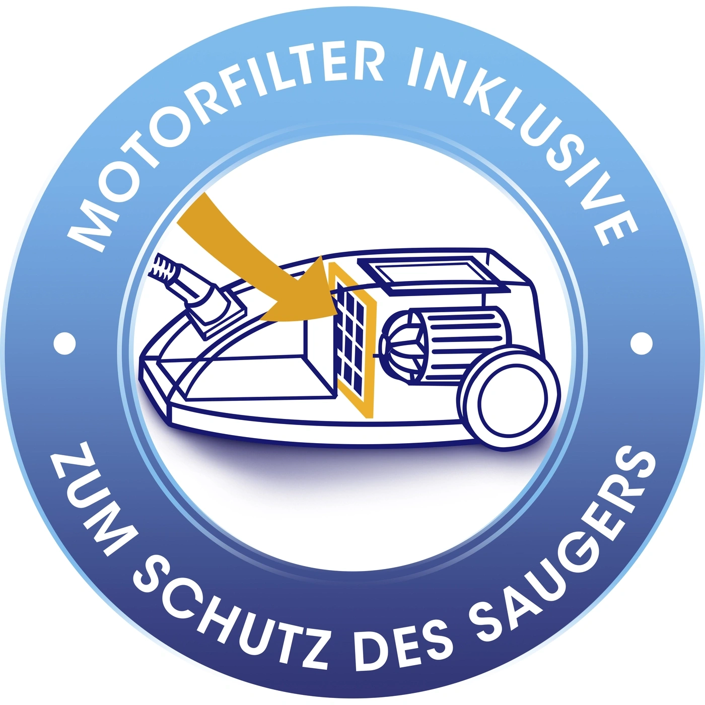 Runder Aufkleber mit Staubsauger-Illustration und Text: Motorfilter inklusive.