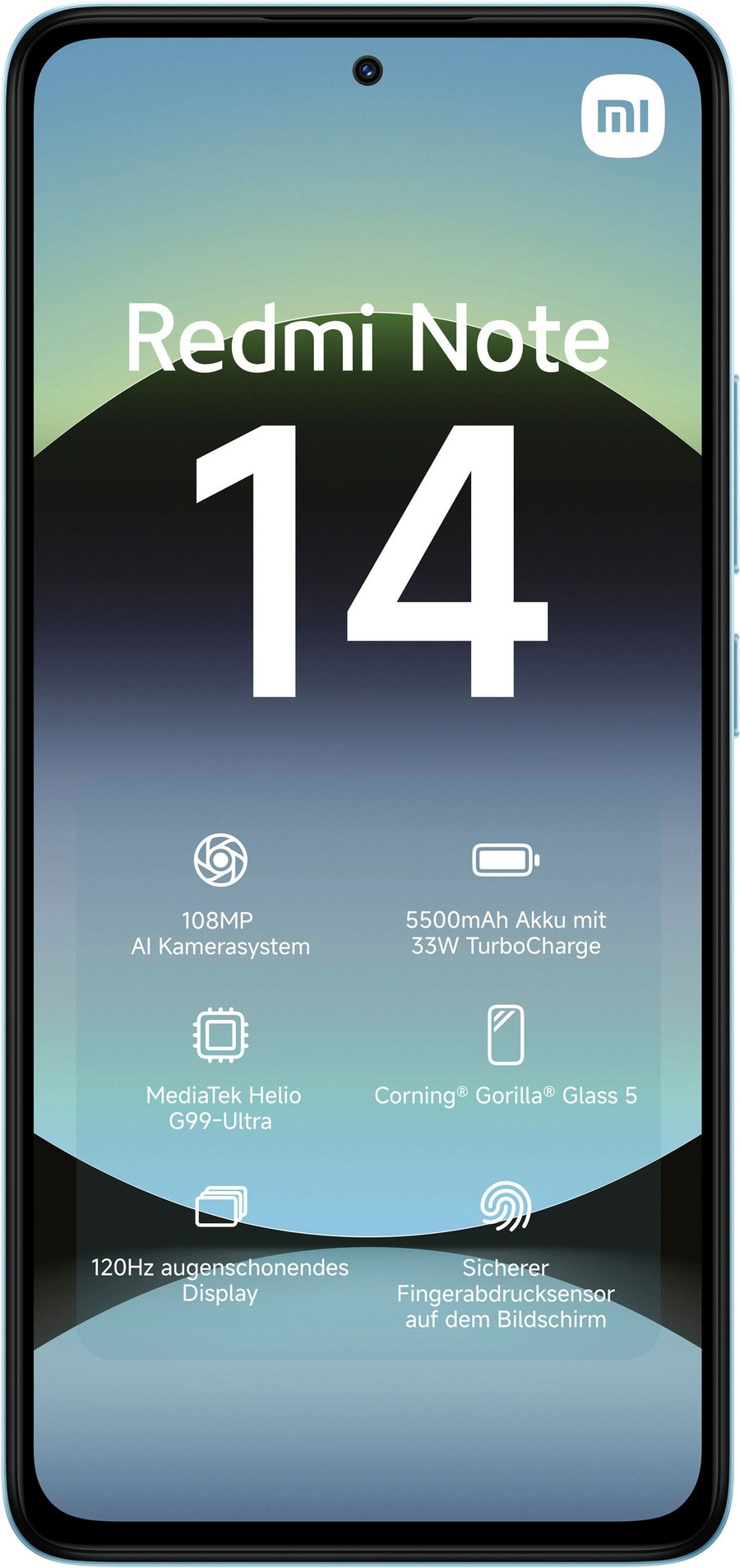 Redmi Note 14 Smartphone mit 108MP Kamera, 120Hz Display und Fingerabdrucksensor.