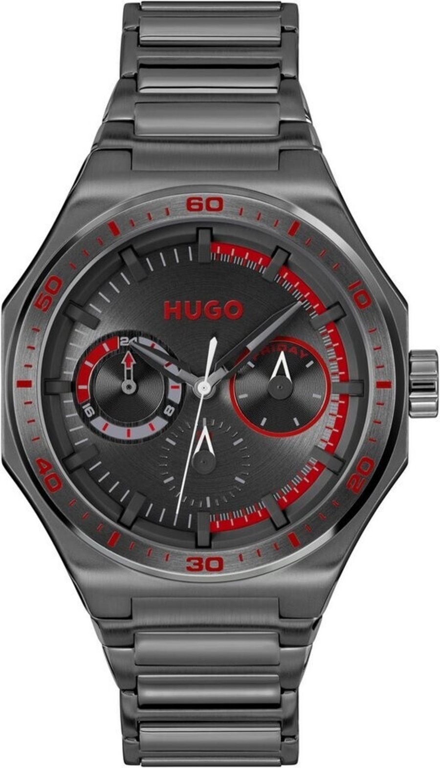 Eine dunkle Hugo-Uhr mit roten Akzenten und drei Zifferblättern.