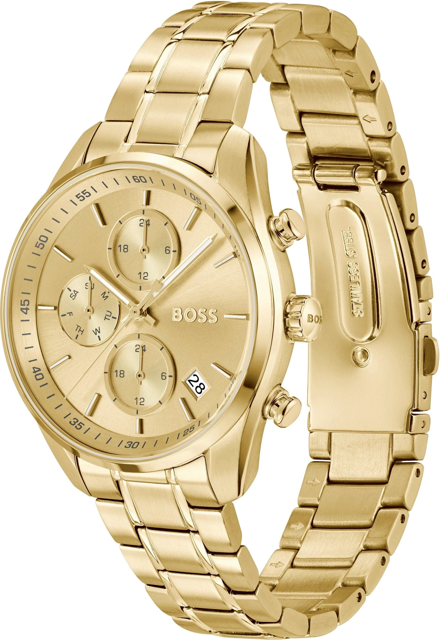 Goldene BOSS Armbanduhr mit Chronograph und Datumsanzeige