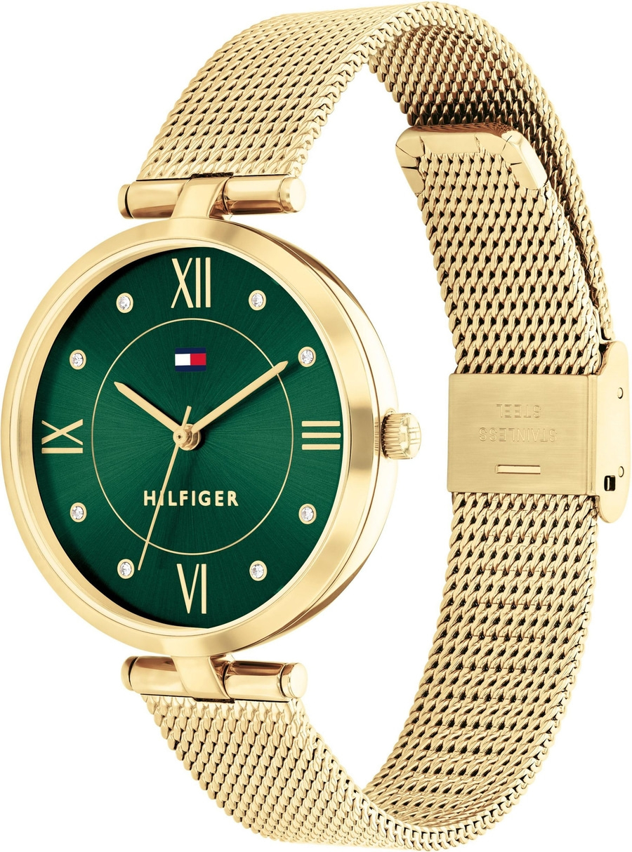 Goldene Tommy Hilfiger Damenuhr mit grünem Zifferblatt und Mesh-Armband