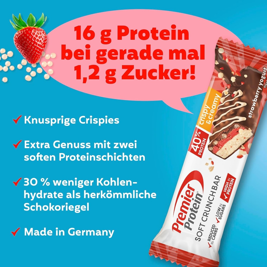 Ein Premier Protein Riegel mit Erdbeer-Joghurt-Geschmack mit einem Schriftzug über Proteingehalt