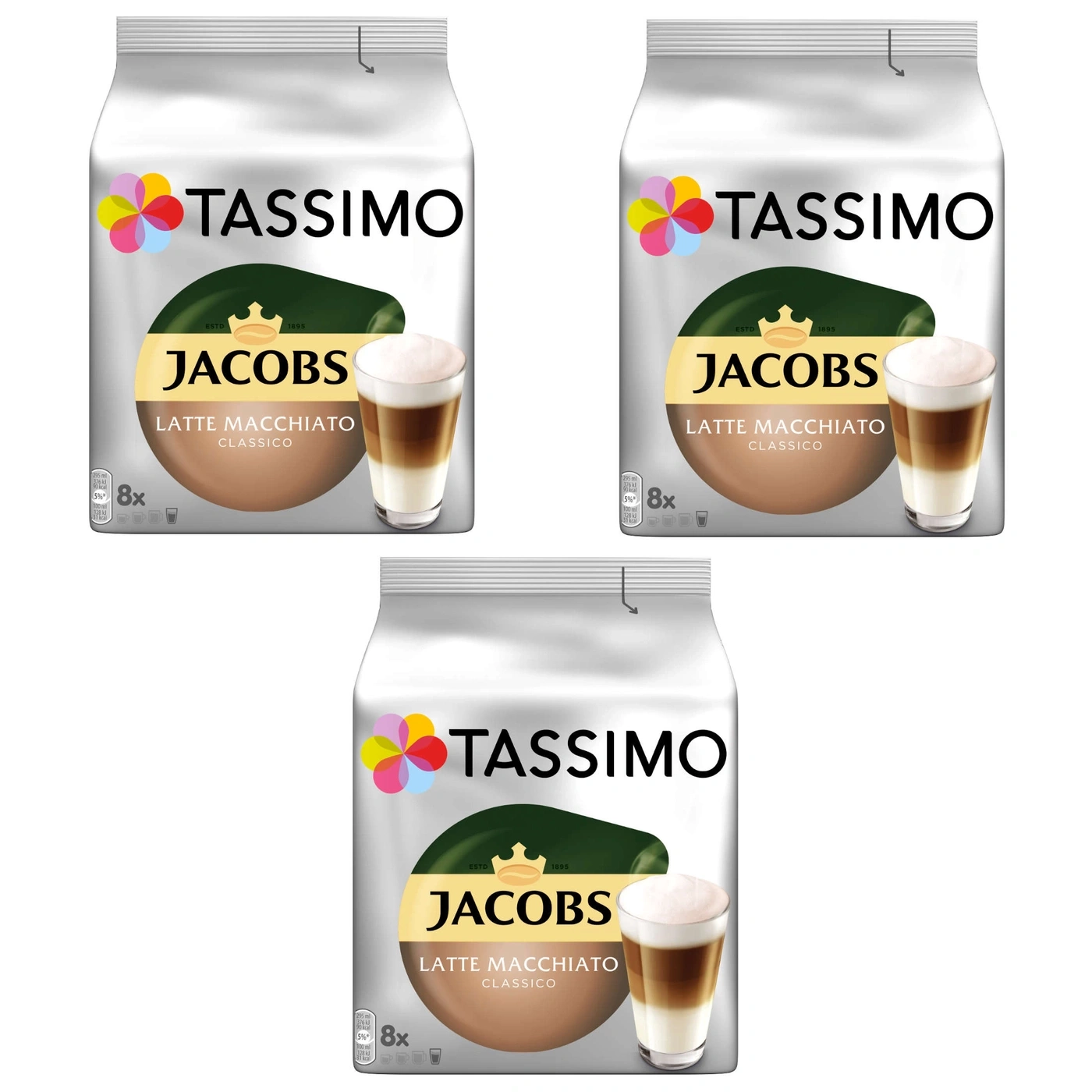 Drei Tassimo Jacobs Latte Macchiato Packungen, Kaffeegetränke, 8 Portionen pro Packung, Klassisch