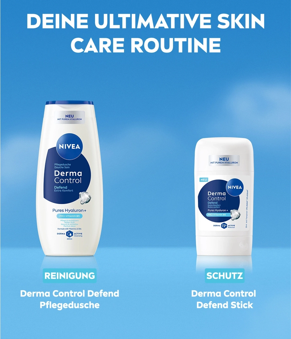 NIVEA Derma Control Pflegedusche und Defend Stick für deine Hautpflege-Routine.