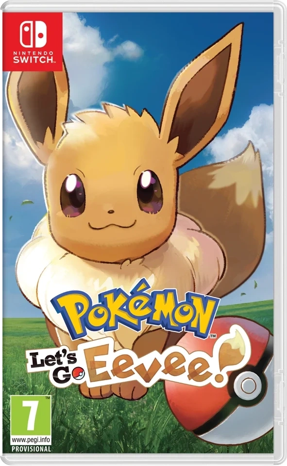 Pokemon Let's Go Eevee Nintendo Switch Spiel Hülle mit Evoli und Pokeball im Gras unter blauem Himmel