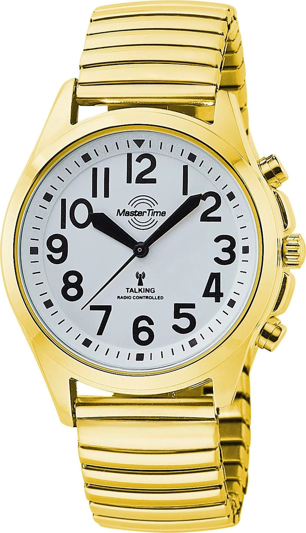 Goldene Armbanduhr mit weißem Zifferblatt und schwarzen Zahlen.