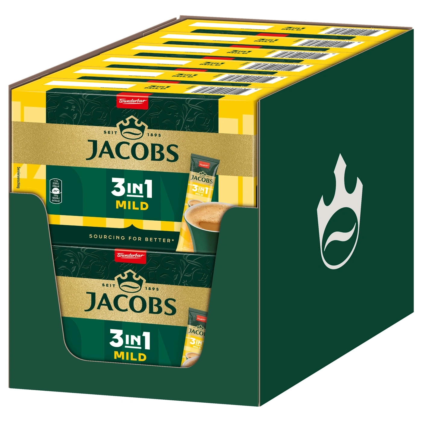 Jacobs 3in1 Mild Kaffee-Box, gelb und grün, mit Logo und Text.