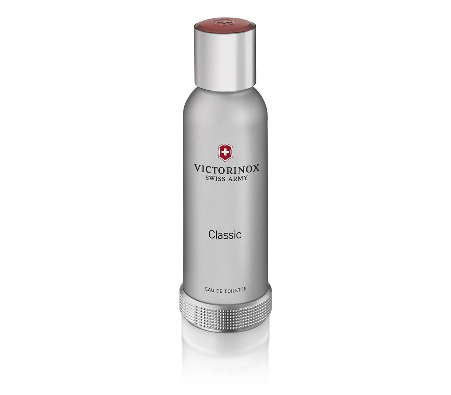 Victorinox Classic Eau de Toilette Flasche, silberfarben, mit rotem Deckel, Produktfotografie