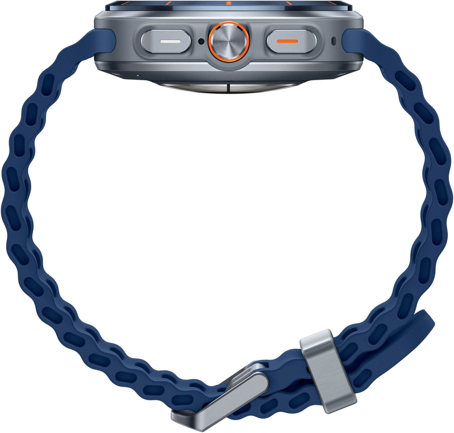 Eine blaue Smartwatch mit silbernen Knöpfen und einem silbernen Verschluss.