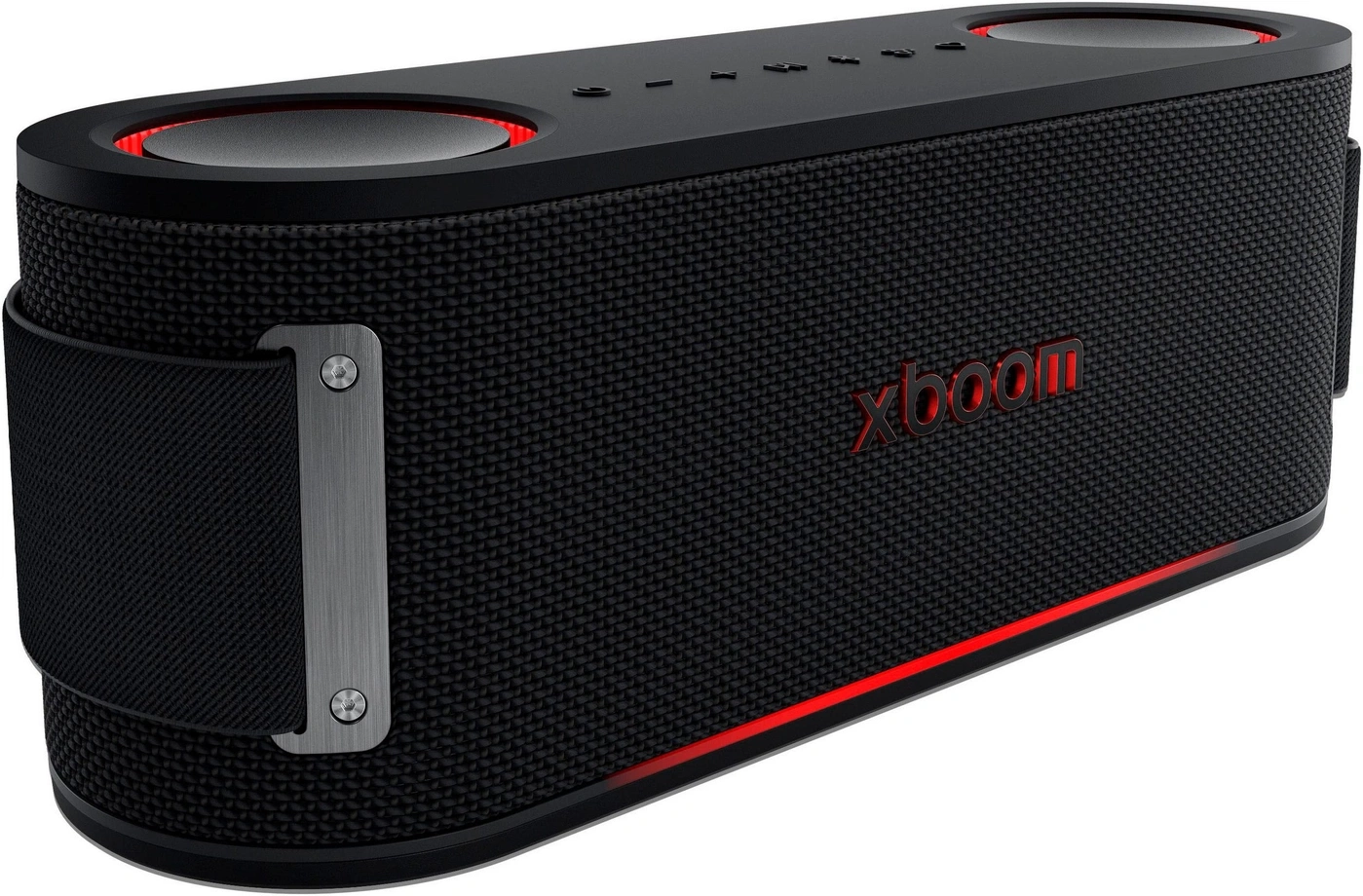Schwarzer Bluetooth-Lautsprecher mit rotem xboom-Logo und Lichtakzenten