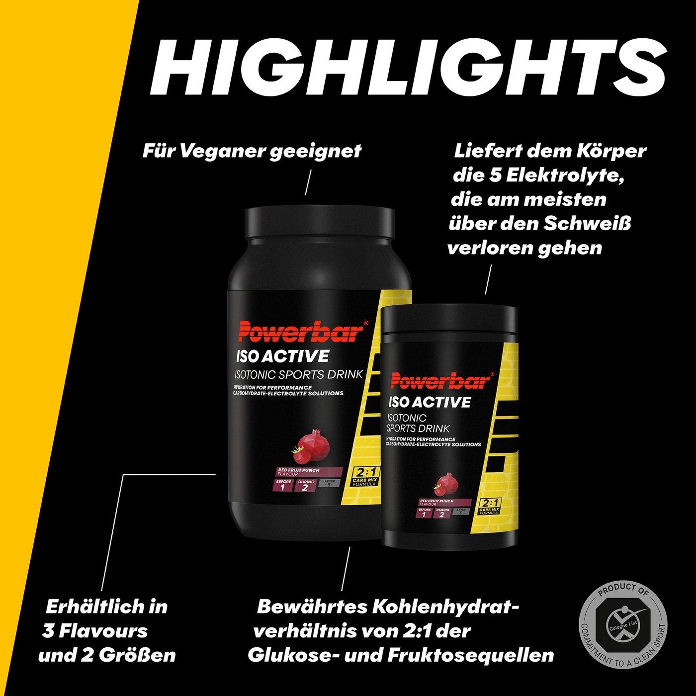 Powerbar ISO ACTIVE Isotonisches Sportgetränk in Rotfrucht-Punsch-Geschmack, für veganer geeignet und liefert dem Körper 5 Elektrolyte.