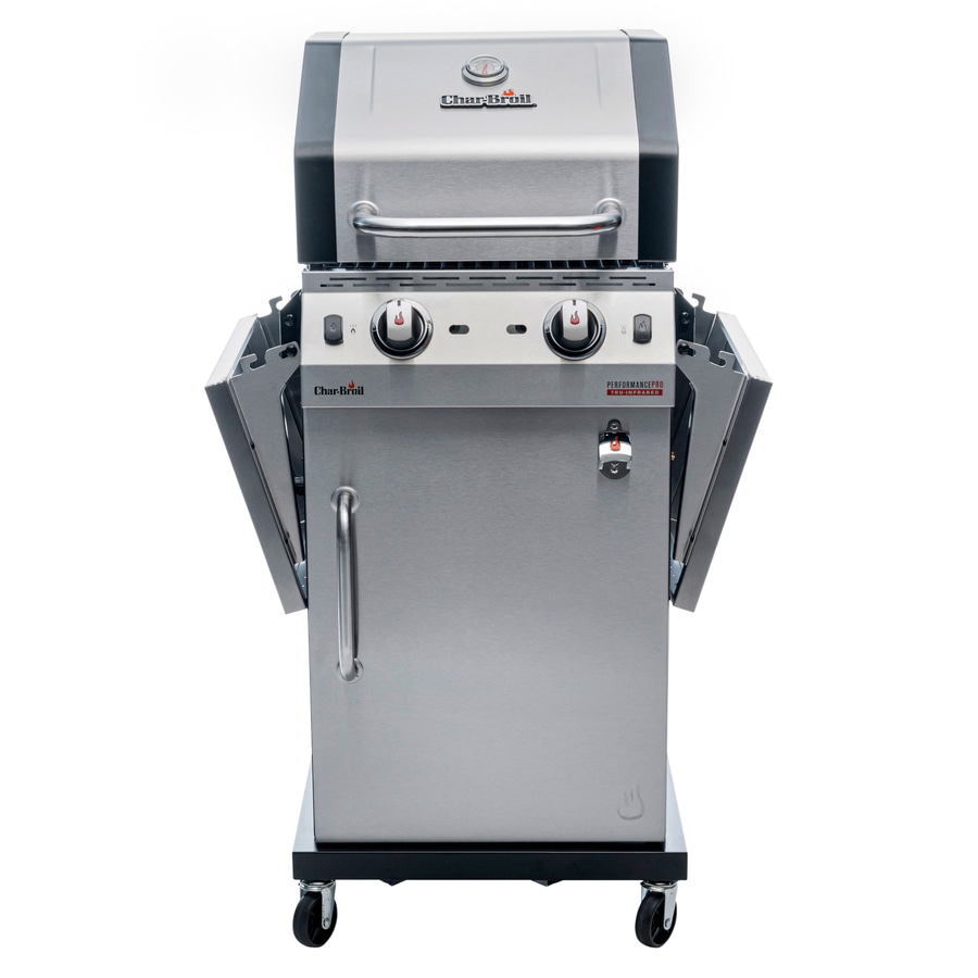 Edelstahl-Gasgrill mit zwei Brennern, Char-Broil Performance Pro, geöffnet