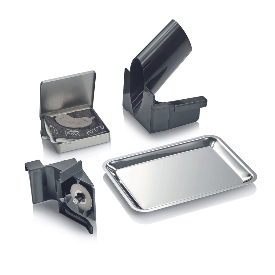 Graef-Zubehör: Schneidemaschine, Tablett, Reinigungsutensilien, Messer, schwarz, silber