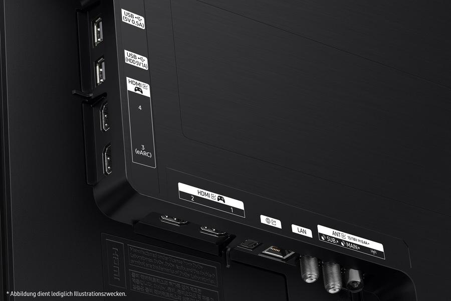 Rückseite eines Fernsehers mit Anschlüssen: HDMI, USB, LAN, Antenne, eARC.