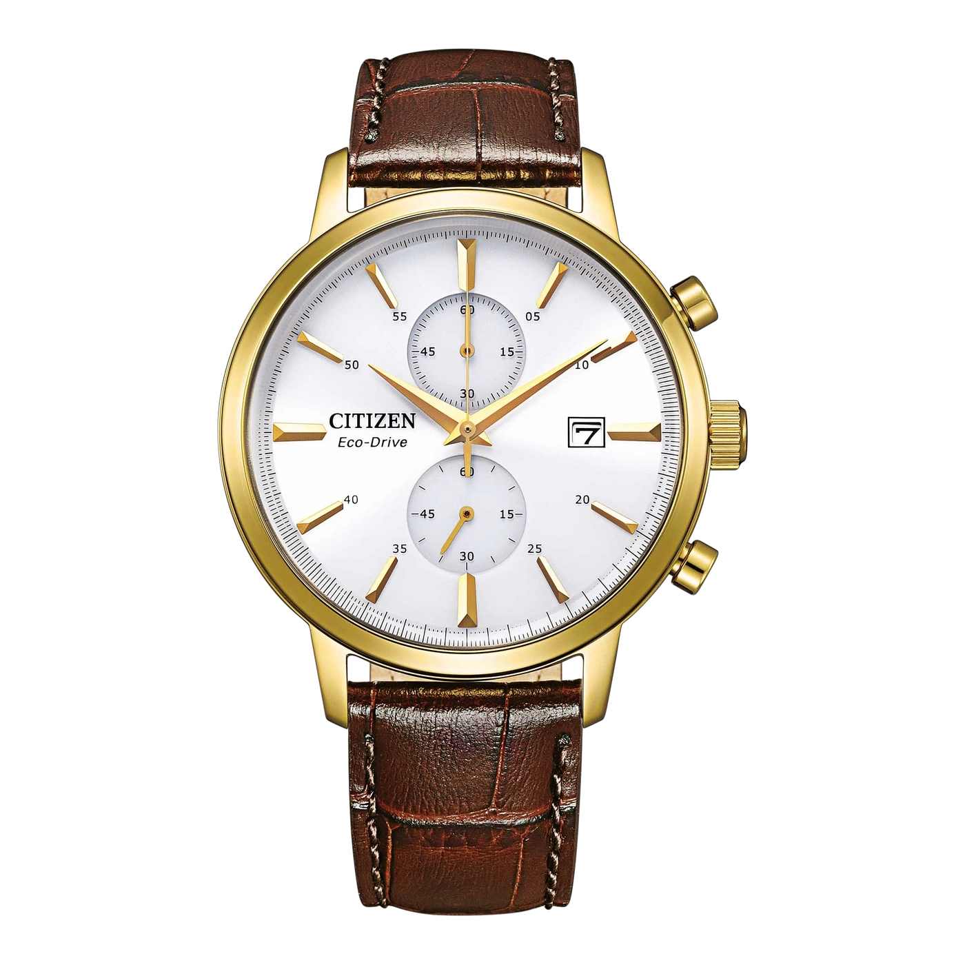 Goldene Citizen Eco-Drive Uhr mit braunem Lederarmband und weißem Zifferblatt mit Chronographen.