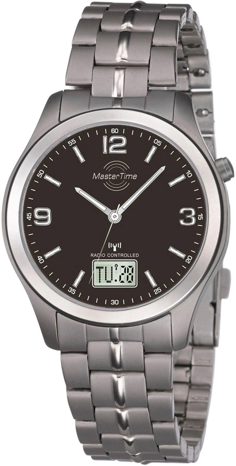 Herrenuhr mit schwarzem Zifferblatt, silbernem Armband und digitaler Anzeige
