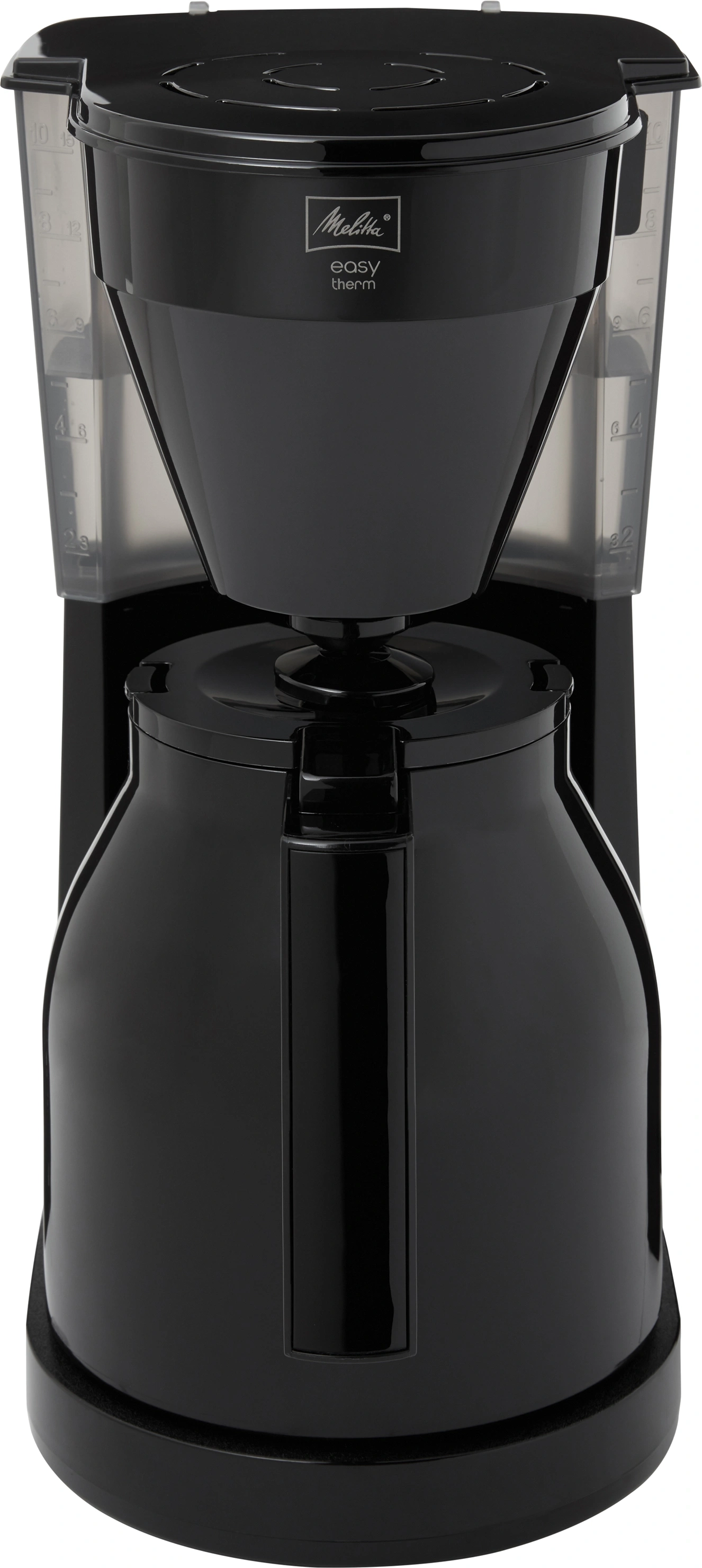 Schwarze Kaffeemaschine mit Melitta-Logo und Thermoskanne, Nahaufnahme, isoliert