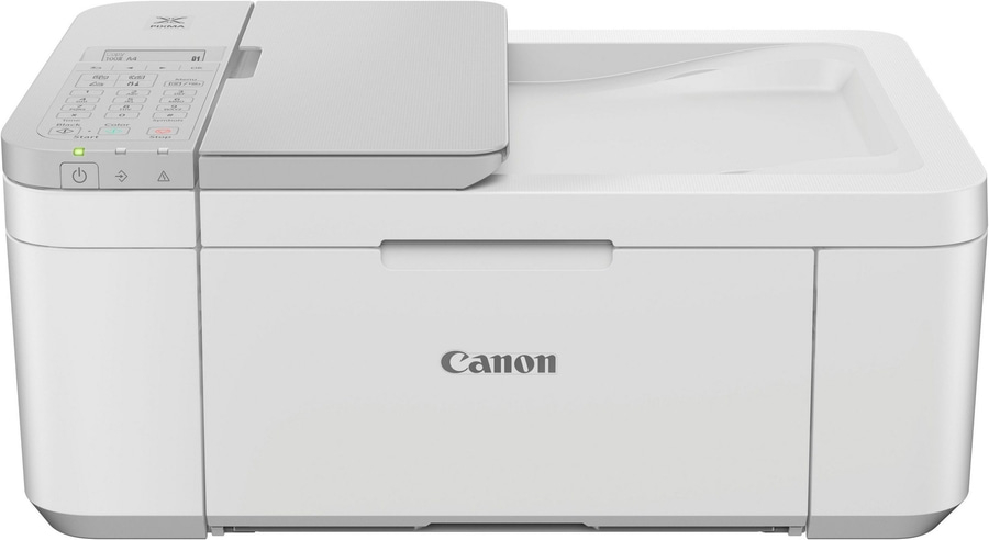 Weißer Canon-Drucker mit Bedienfeld, Tasten und Display. Kopierfunktion, Start- und Stopp-Tasten.
