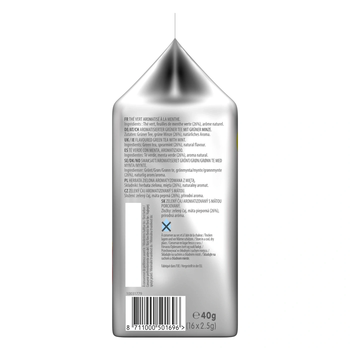 Tee-Packung mit Text in verschiedenen Sprachen, darunter Deutsch, mit Zutaten und Gewicht.