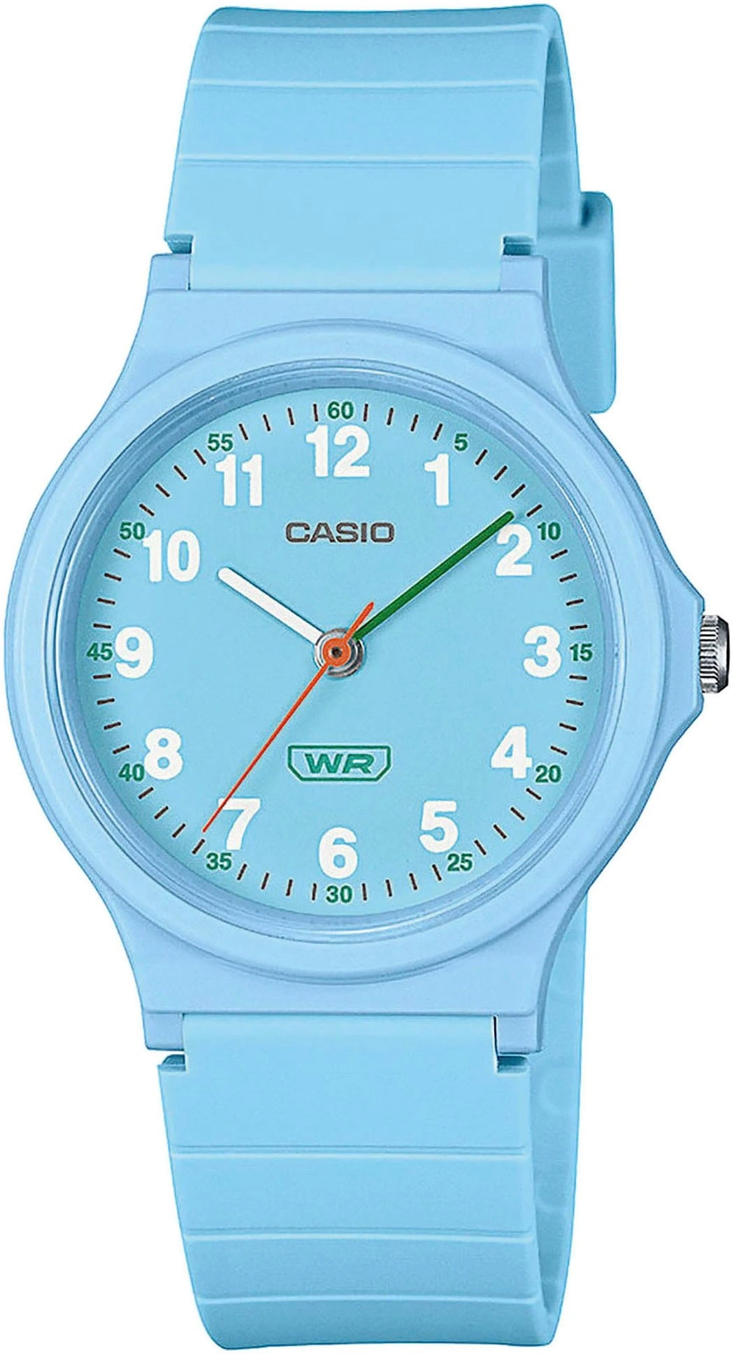 Eine hellblaue Casio-Armbanduhr mit weißen Ziffern und Zeigern