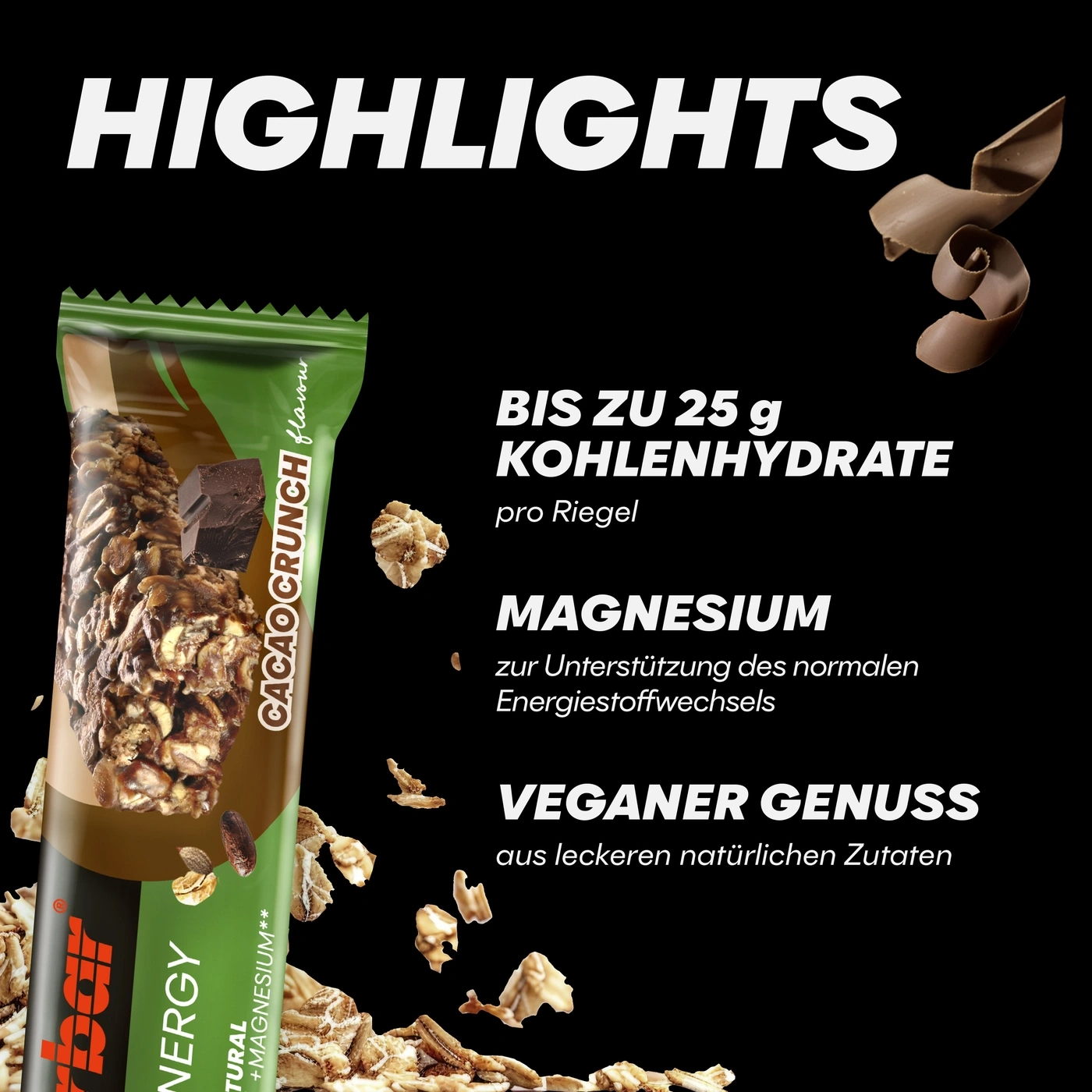 Schokoriegel mit Kakao-Crunch: Hoher Kohlenhydratanteil, Magnesium, vegan.