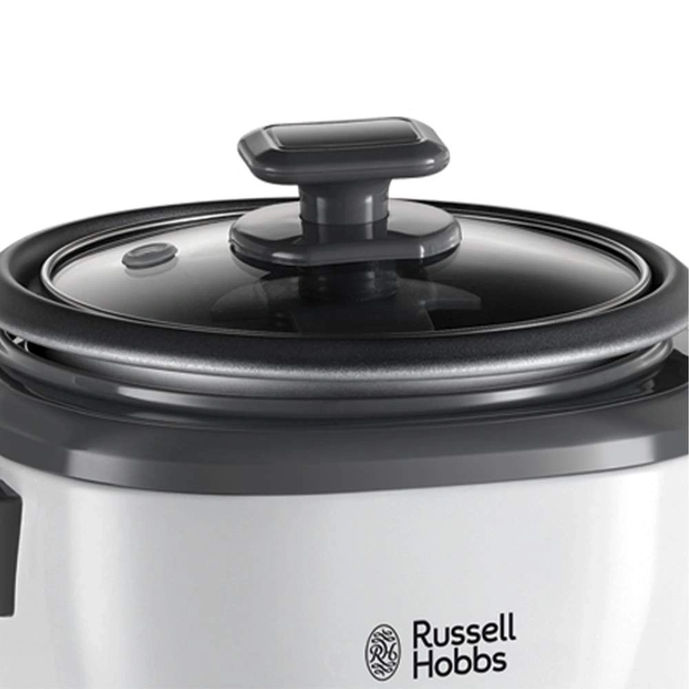 Nahaufnahme eines weißen Reiskochers mit Glasdeckel und Griff, Russell Hobbs