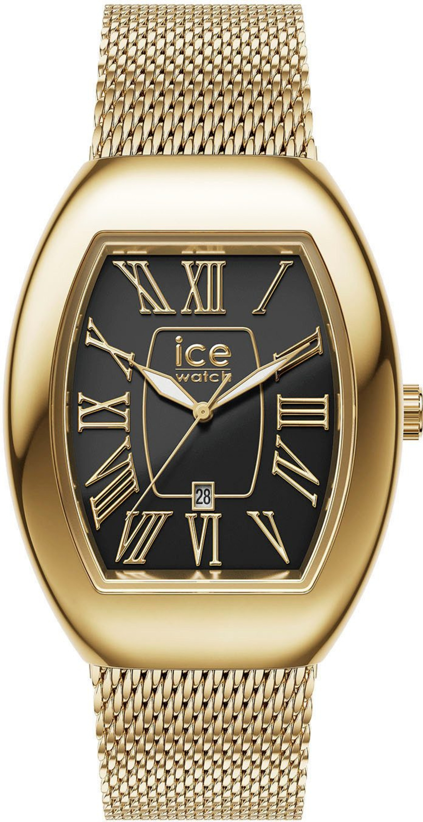 Goldene Uhr mit schwarzem Zifferblatt und römischen Ziffern