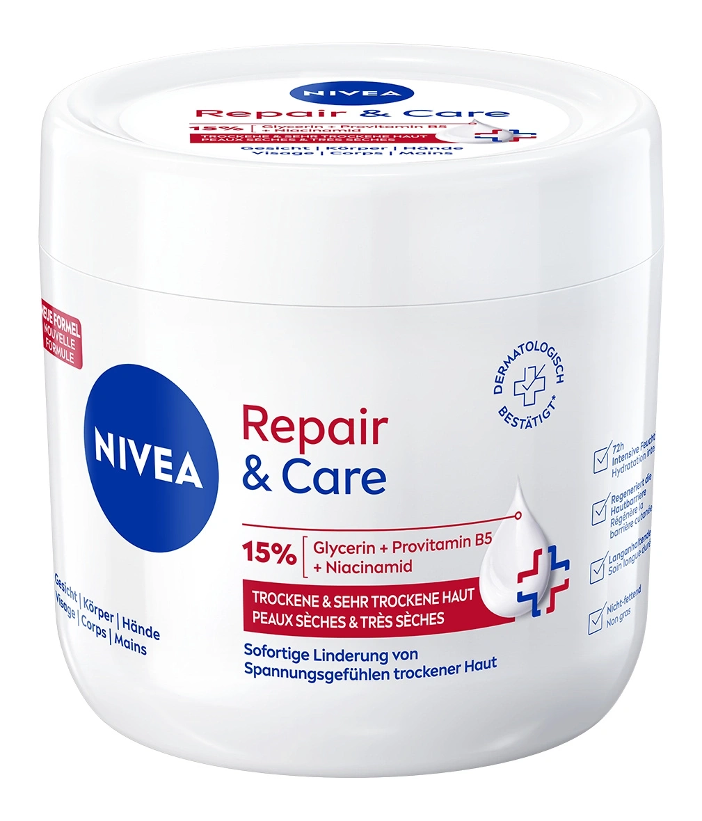 Nivea Repair & Care Creme für trockene Haut, 15% Glycerin, Gesicht, Körper, Hände