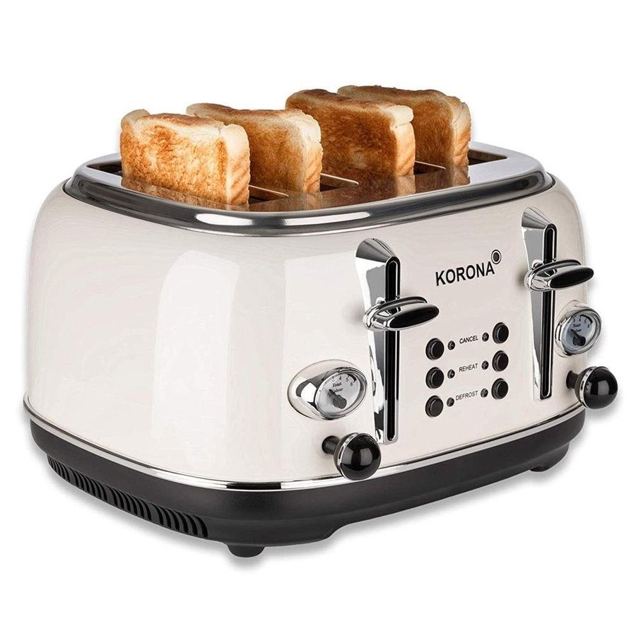 Toaster mit Toastbrot, Marke Korona, weißes Gehäuse, schwarze Akzente, Retro-Design.