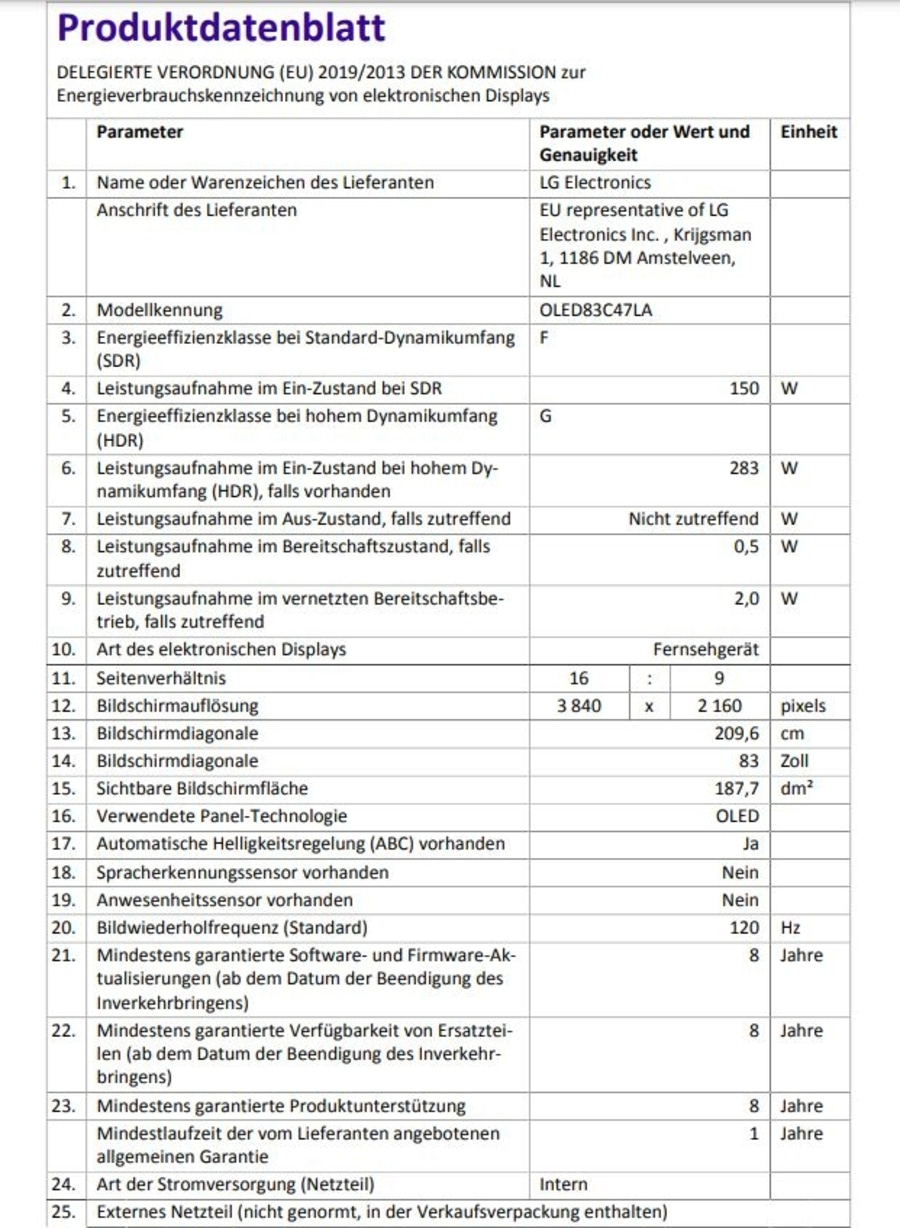 Produktinformationsblatt für elektronische Displays mit Energieeffizienzdaten und technischen Spezifikationen.