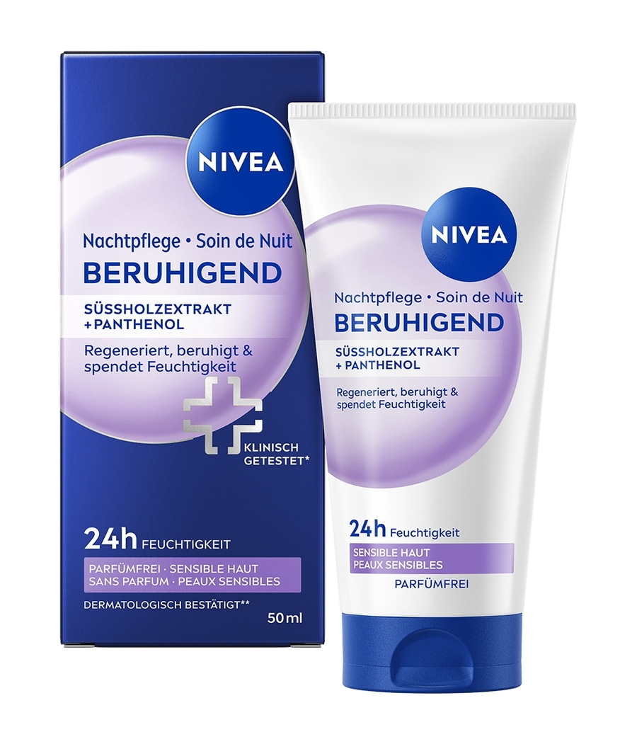 Nivea Nachtpflege Beruhigend für sensible Haut mit Süßholzwurzelextrakt und Panthenol.