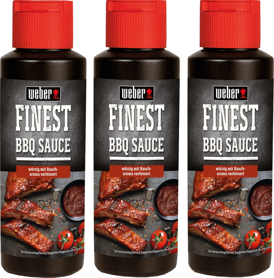 Drei Flaschen Weber Finest BBQ Sauce mit geräuchertem Aroma und Rippchen