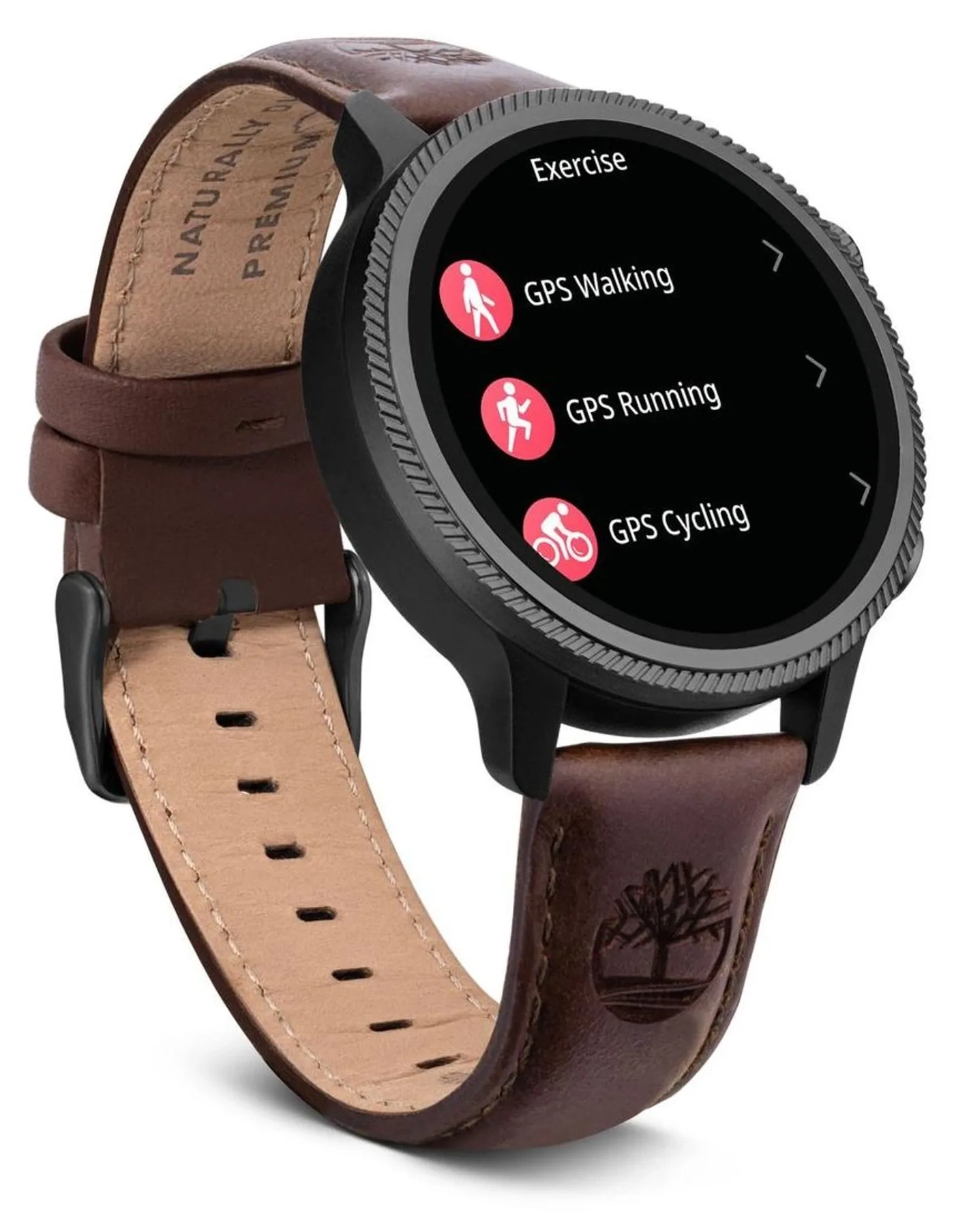 Diese Smartwatch mit braunem Lederarmband zeigt das Menü für "Übung" an.