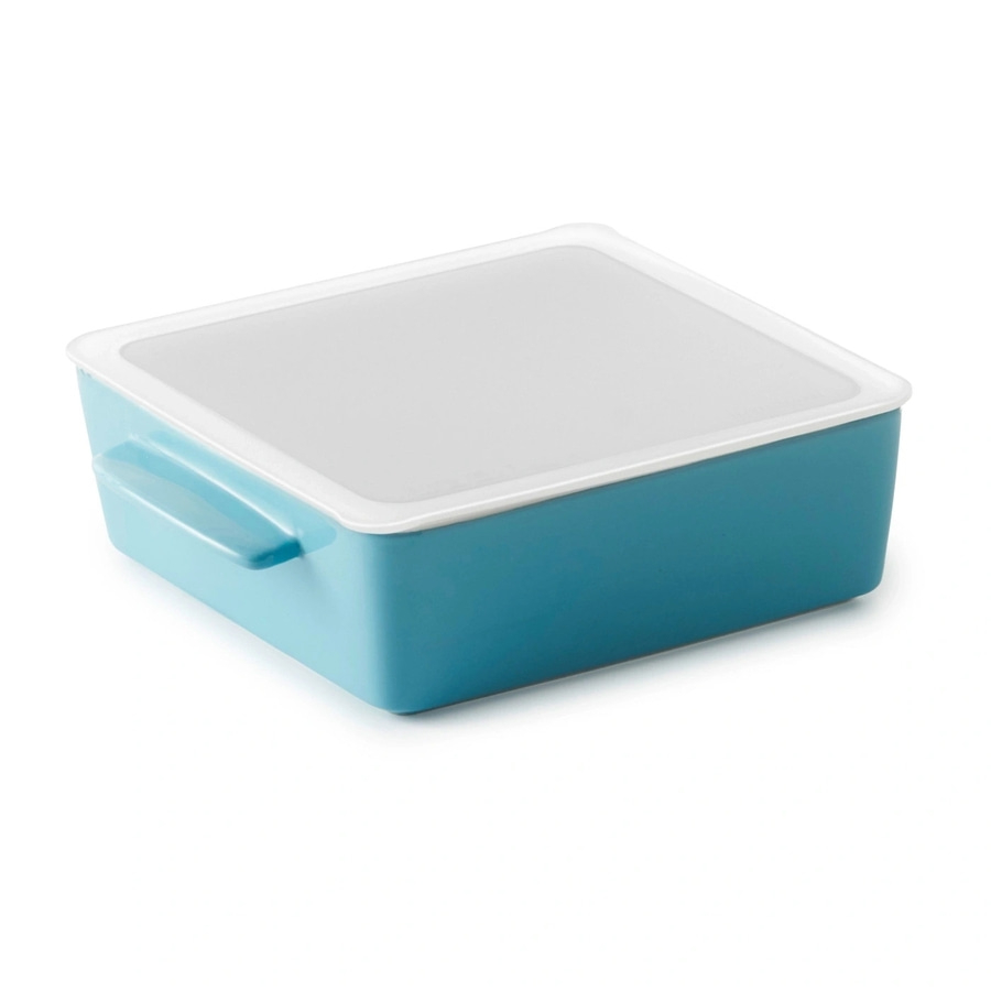 Blaue rechteckige Aufbewahrungsbox mit weißem Deckel und Griffen