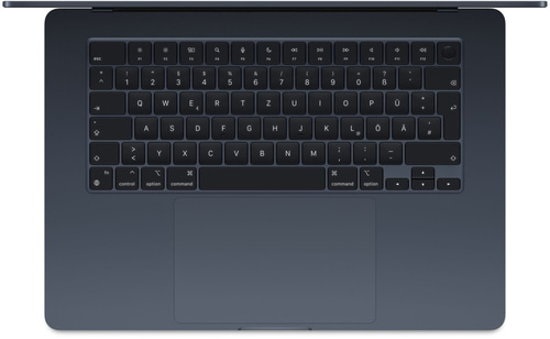 Dunkelblaues MacBook-Tastaturlayout mit Buchstaben, Zahlen und Sonderzeichen.