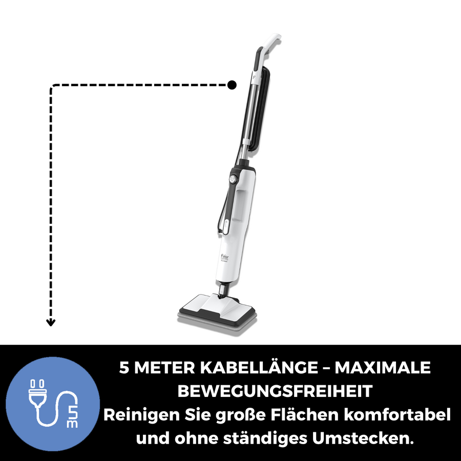 Dampfreiniger mit 5m Kabel für maximale Bewegungsfreiheit auf großen Flächen.