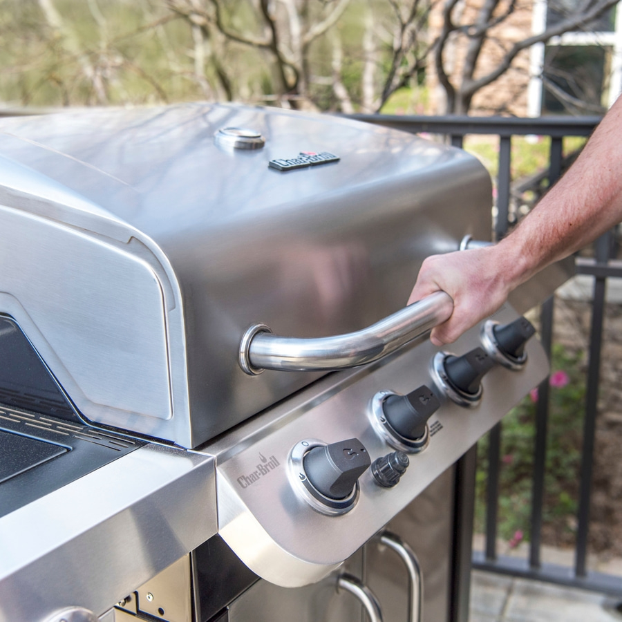 Grill mit Hand, Edelstahl, Knöpfe, Char-Broil, im Freien, Sommer, Kochen, Essen