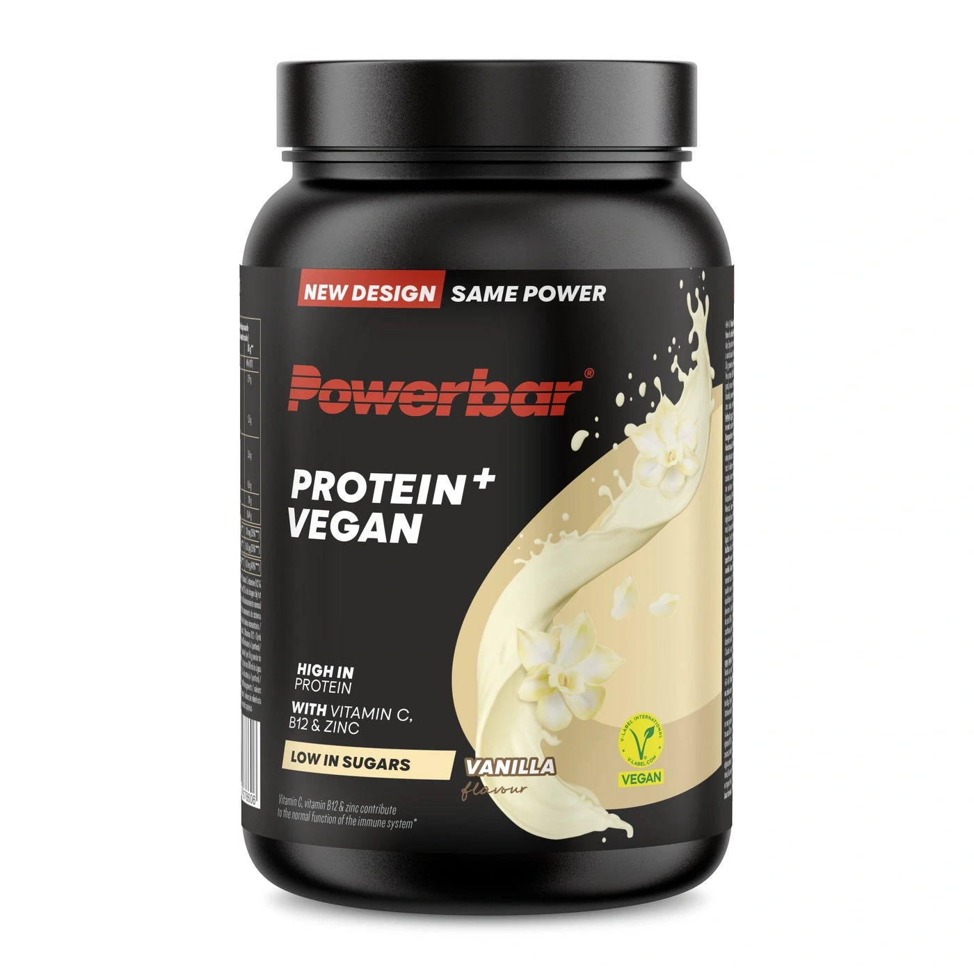 Schwarzer Behälter mit Powerbar Protein Vegan Vanillegeschmack