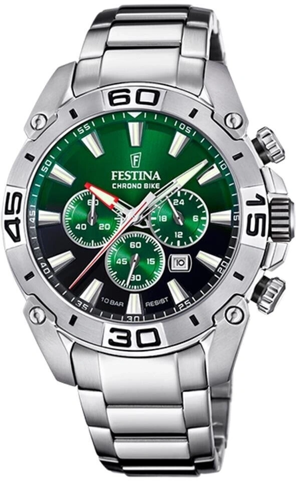 Eine grüne Festina Chrono Bike Herrenuhr mit Metallarmband und silbernem Gehäuse.