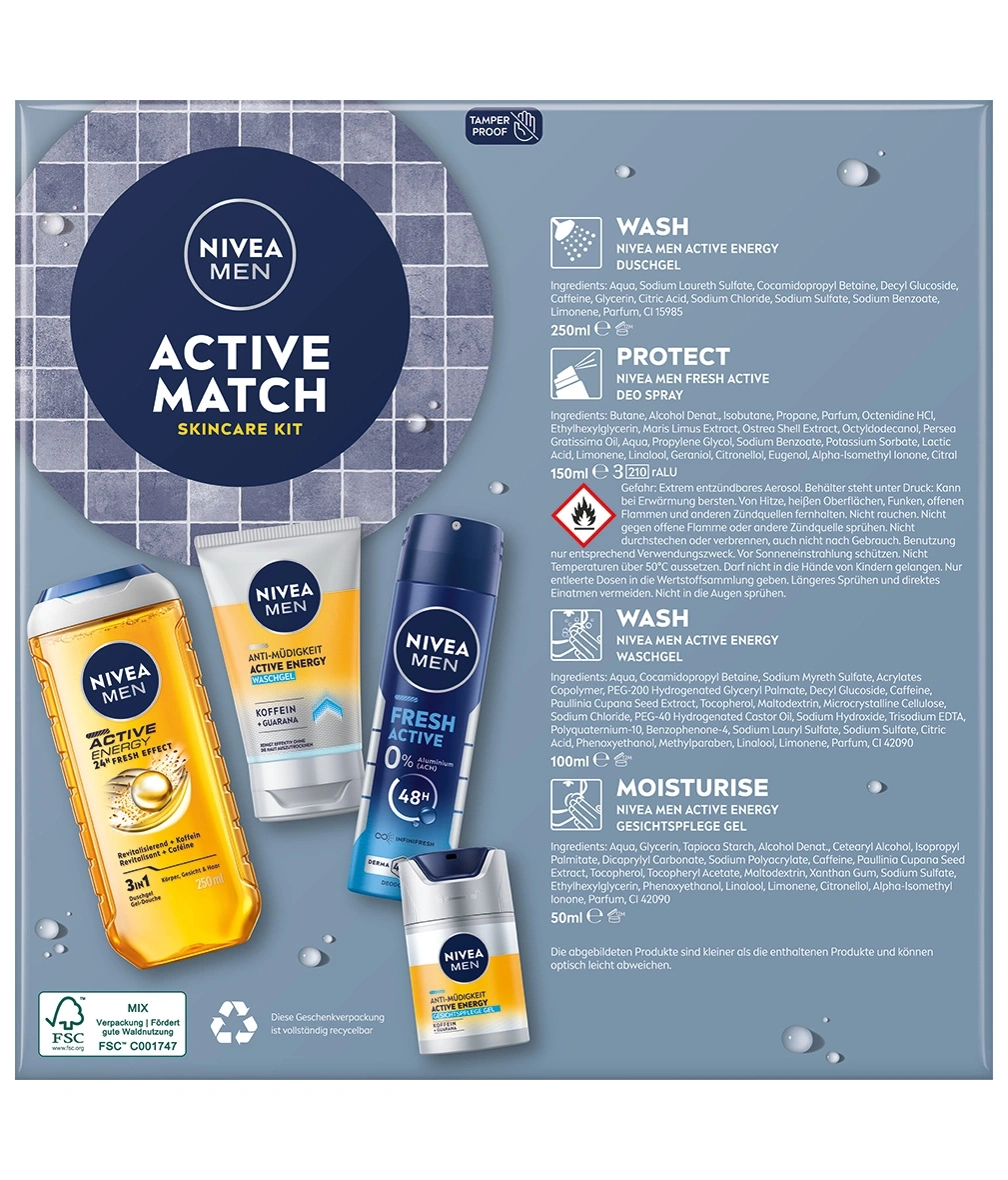 NIVEA MEN ACTIVE MATCH skincare kit with shower gel, face wash, deodorant spray and face cream.
