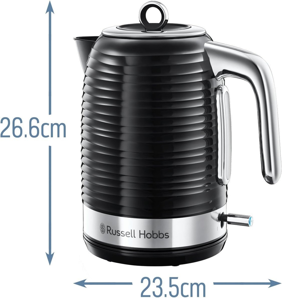 Schwarzer Wasserkocher mit den Maßen 26,6 cm x 23,5 cm, Russell Hobbs.