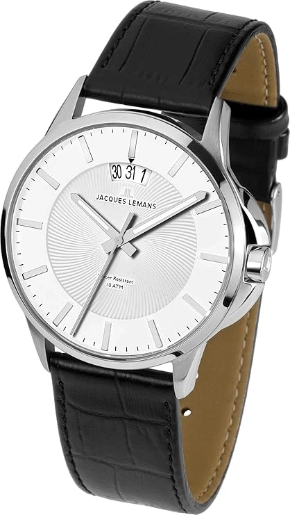 Jacques Lemans Herren Uhr Sydney 1-1540B Silber Schwarz Leder 10 bar