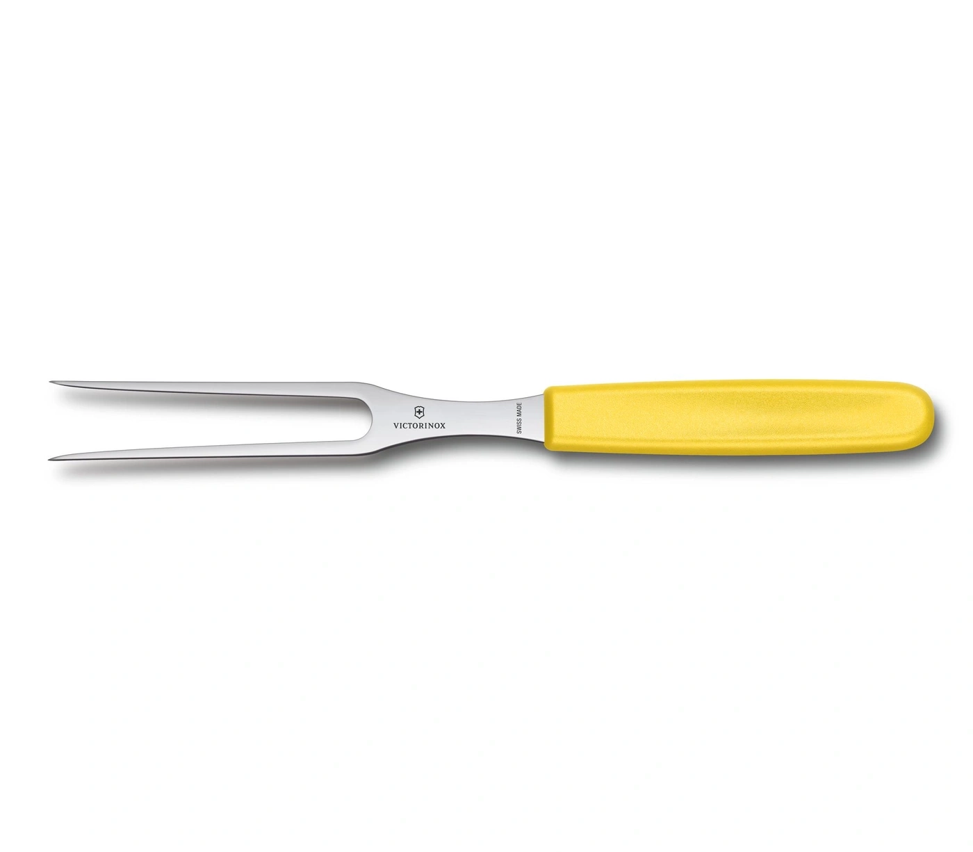 Ein gelber Fleischgabel mit Victorinox-Logo