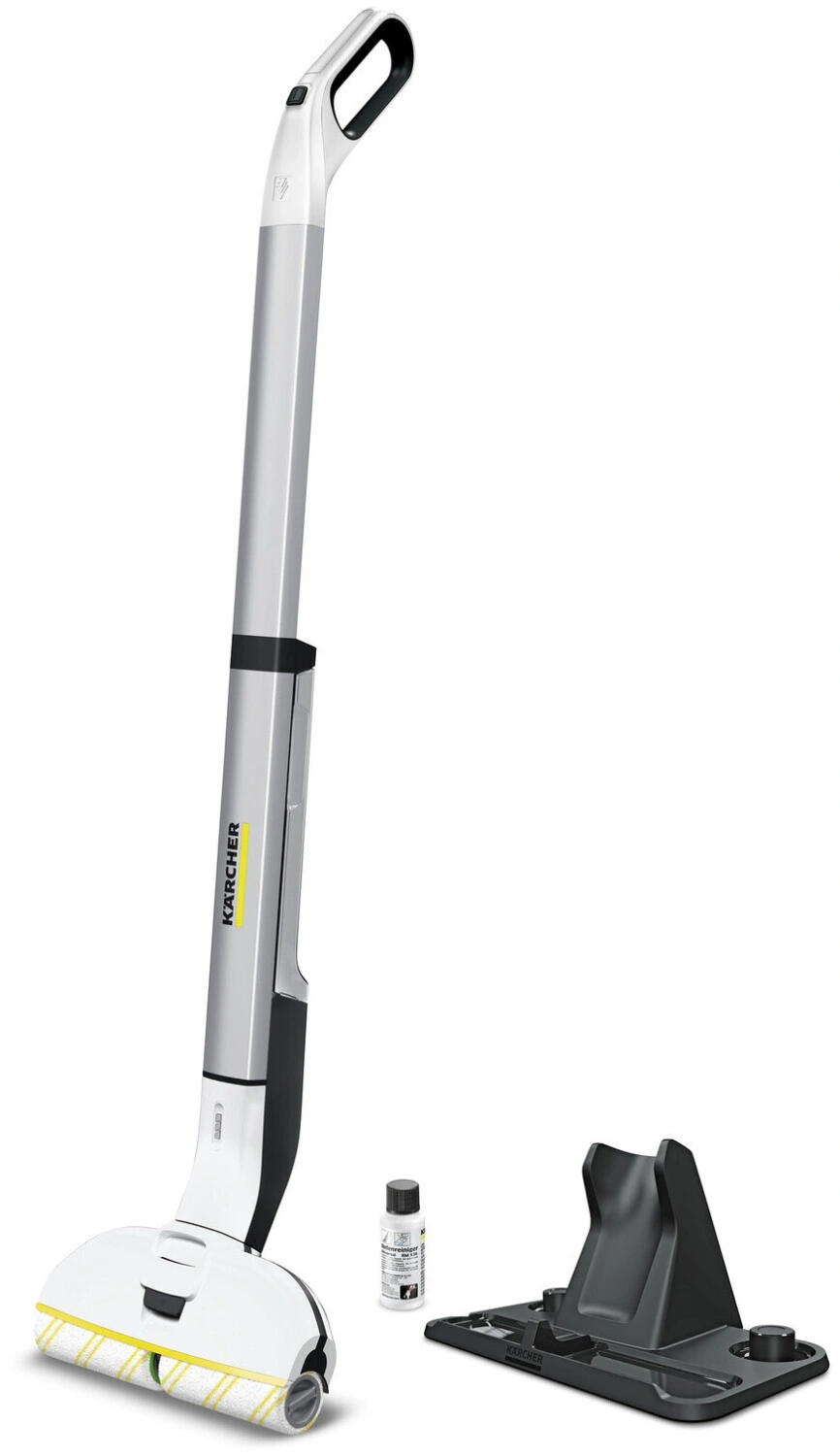 Ein KÄRCHER Akku-Bodenreiniger mit Ladestation und Reinigungsmittel.
